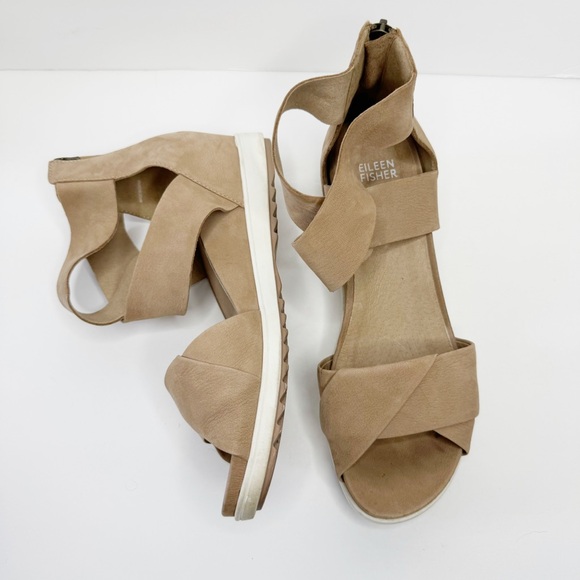 Eileen Fisher Viv Tumbled Nubuck Wedge Sandal Nude Tan 8.5 - Picture 4 of 7